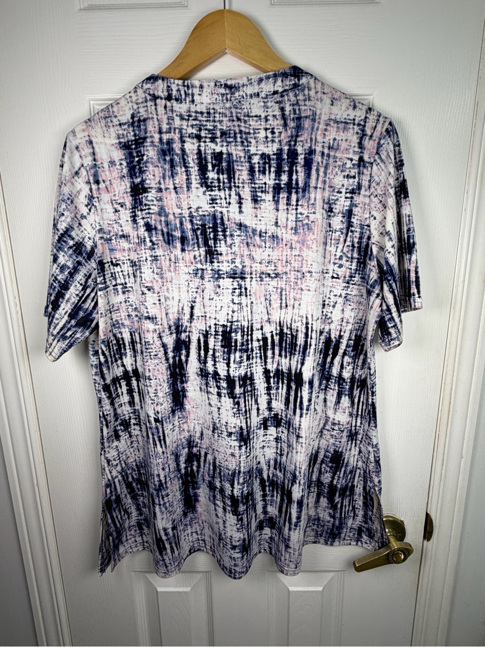 Mandee Women's Navy Pink Abstract Henley XL Short Sleeve Casual Stretch Blouse - Picture 8 of 11